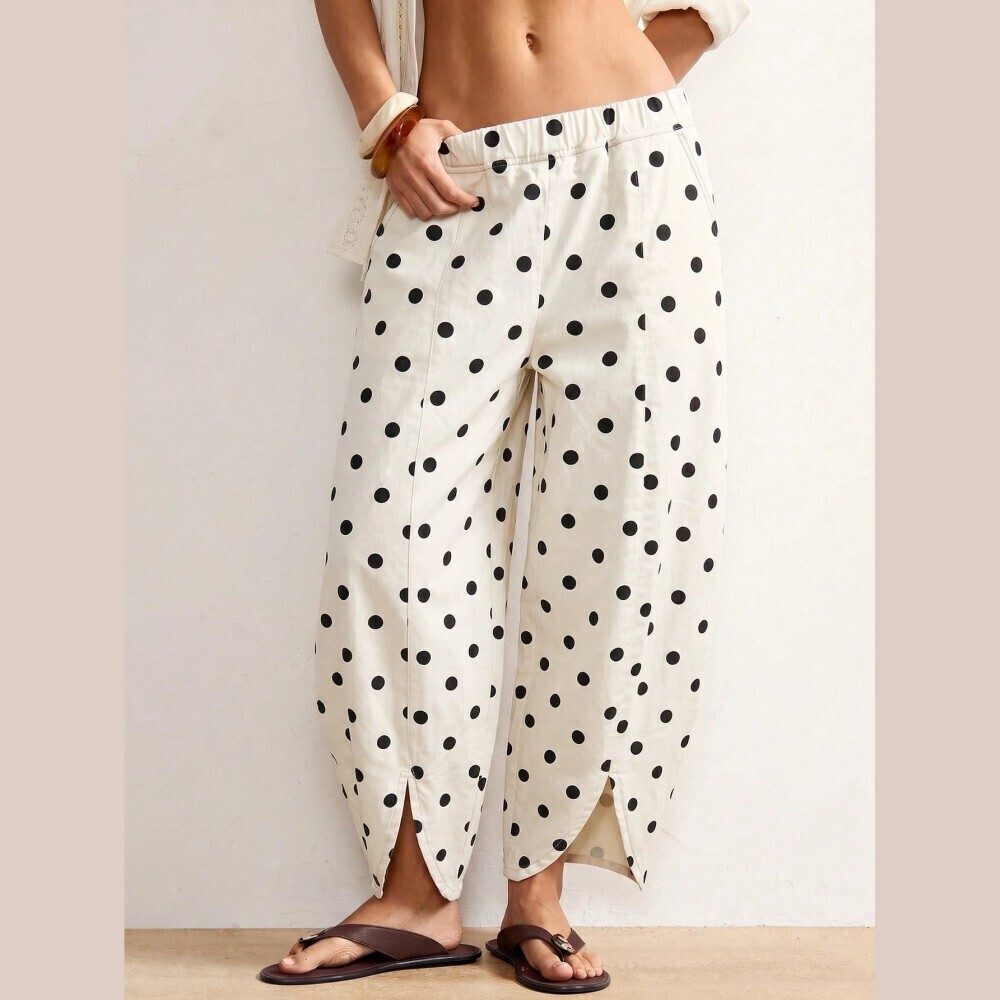 Ivory Polka Dot Denim Tulip Hem Cropped Wide Leg Pants Jeans